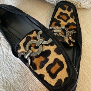Stuart Weitzman Black and Leopard Loafers with Silver Chain